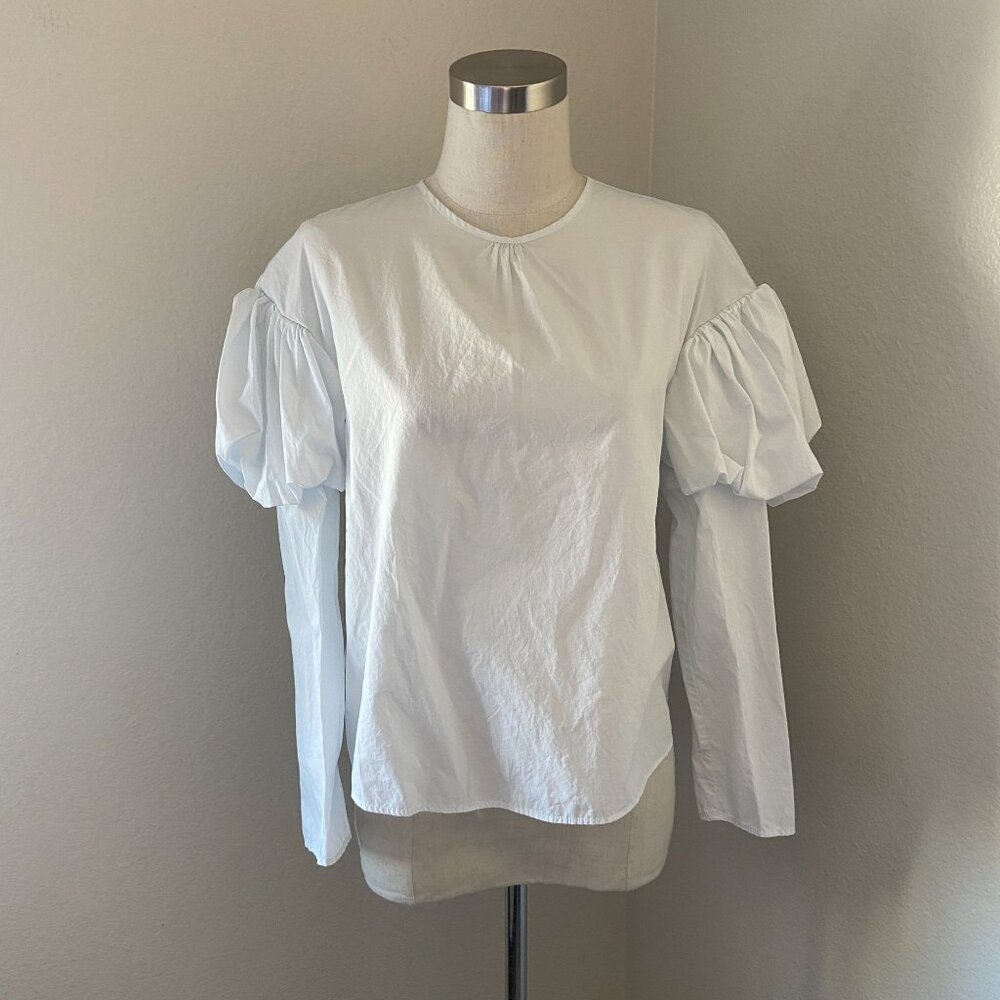 Zara Popover Blouse Crew Neck Long Puff Sleeve Back Keyhole Closure Lightweight